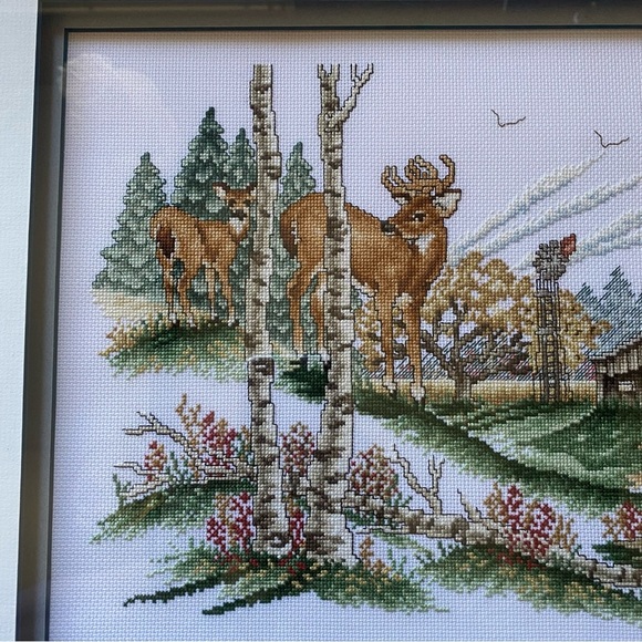 Vintage needlepoint crewel deer buck & doe professionally framed forest cabin - Picture 6 of 9